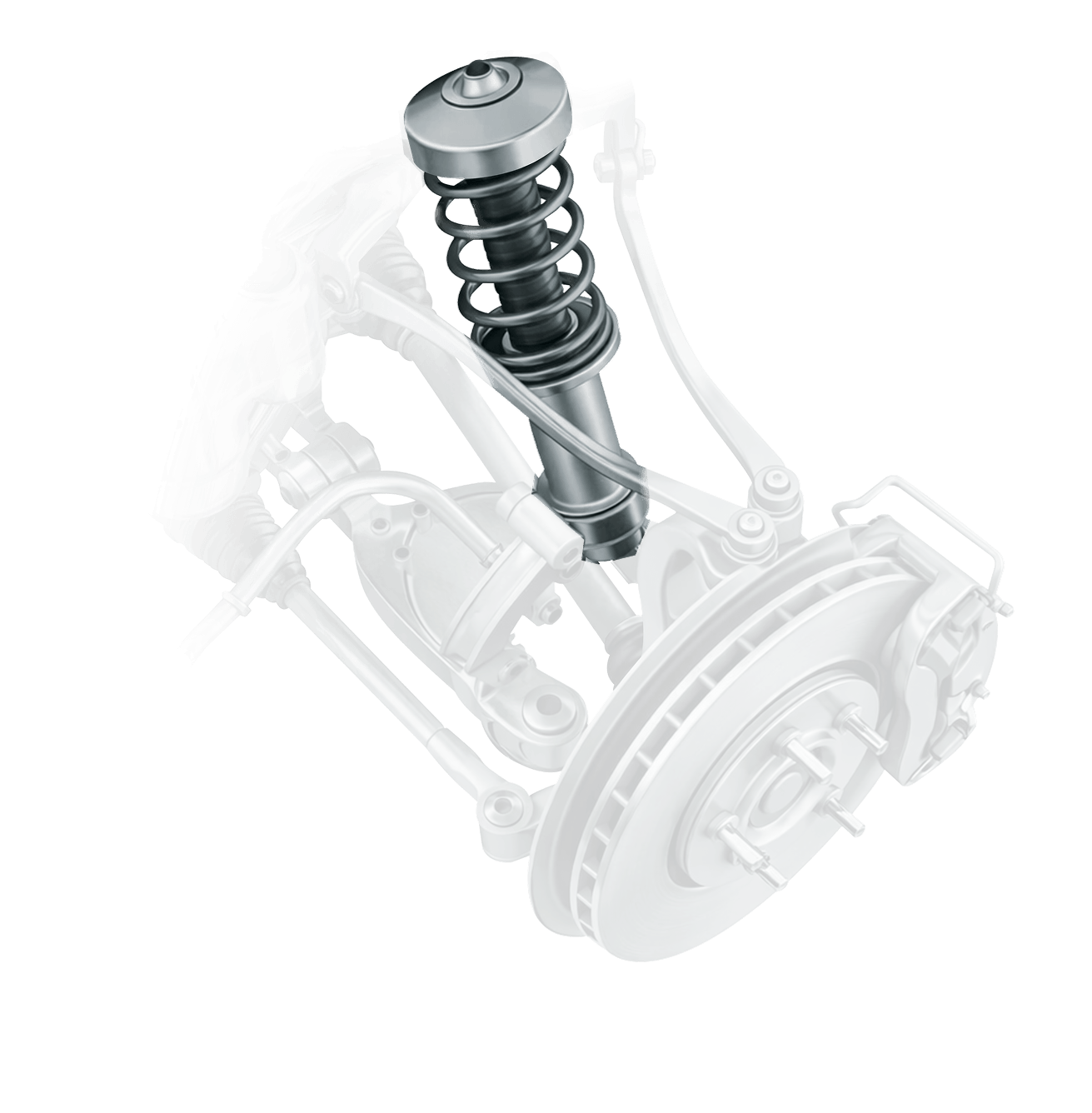 Wheel and suspension assembly with stability components highlighted