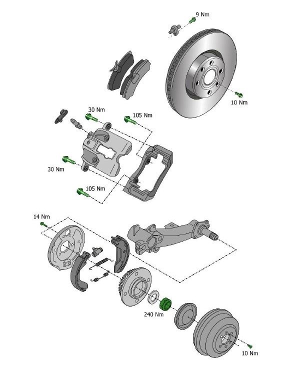 Ferodo technical drawings Dibujo técnico detallado de Ferodo que muestra las pastillas de freno, los discos de freno, las pinzas de freno y los valores de par de apriete para una instalación precisa.