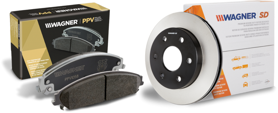 PPV Pads and Wagner SD Rotors Two Wagner PPV brake pads sitting in front of their box, next to a Wagner SD rotor in front of it's box